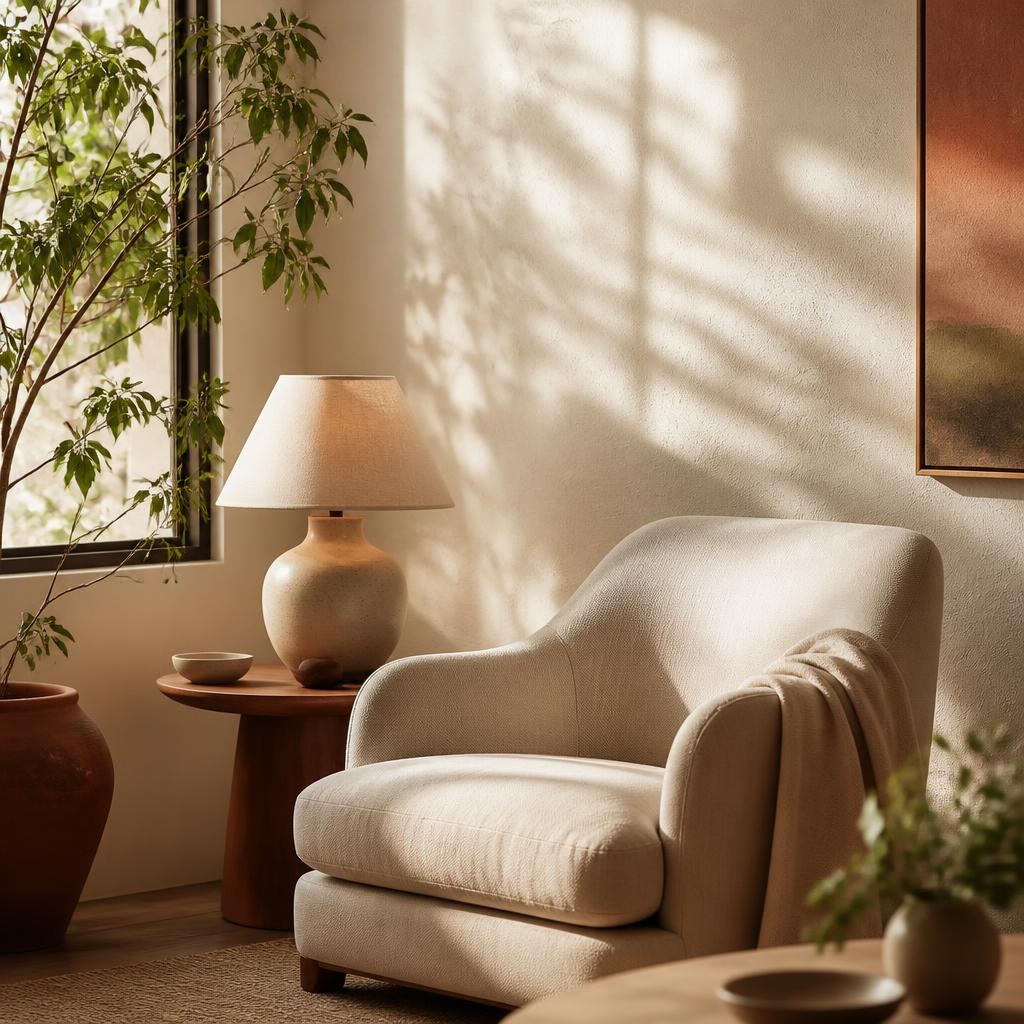 A cream armchair beside a window and a soft lamp in a sunlit room